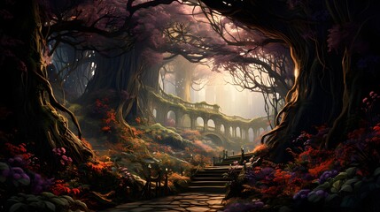 Fantasy landscape with dark forest and old bridge, 3d illustration