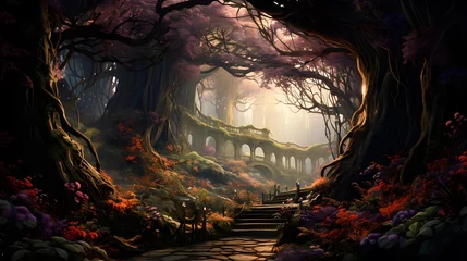 Poster Fantasy landscape with dark forest and old bridge, 3d illustration © Iman