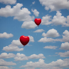 Fototapeta premium Free photo of red heart balloon is floating in a blue sky with white clouds. AI generative image.