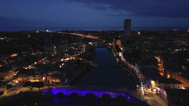 night aerial view of the city of Rimini during the Christmas period