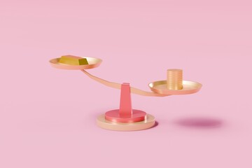 3d Imbalance scales icon with gold ingot and gold coin icon on pink background. comparison weight or unbalanced scales icon. minimal cartoon.3D Rendering. Banner, a place for text, copy space.