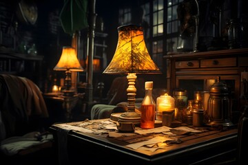 Fototapeta na wymiar Lamp on the table in a dark room. 3d rendering