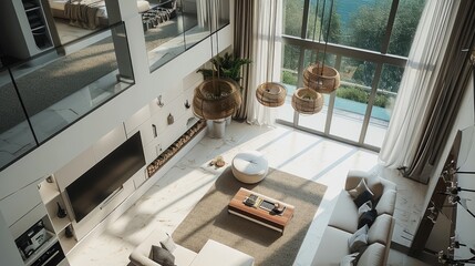 Modern minimalist villa living room, Top view. Generative AI. - obrazy, fototapety, plakaty