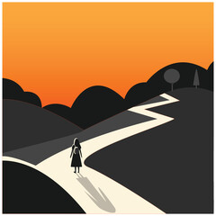 graduation woman, adventure, black silhouette, path way road, mystery to success career, sunset landscape background - obrazy, fototapety, plakaty