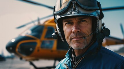 A middle age pilot in blue uniform gets into helicopter. Generative AI.