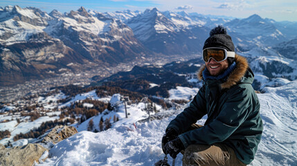 Fototapeta na wymiar man with ski goggles sitting on the snow mountain
