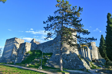 View of the walls of a medieval castle in Pico, a village in Lazio, Italy.