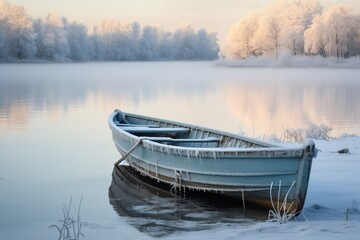 boat on the lake at sunset in winter