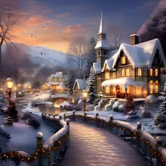 Türaufkleber Winter landscape with snow covered trees and houses. Digital painting effect. © Iman