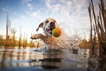 labrador retrieving a tennis ball from a pond