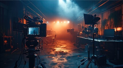 Filming studio, Professional cameras, Lighting equipment, Film crew, Cinematic atmosphere, High-end computers. Generative AI.