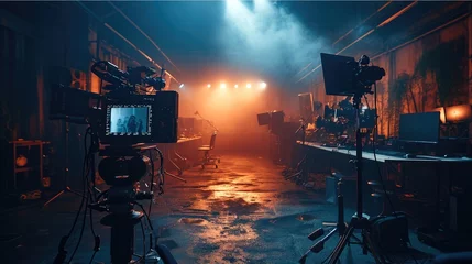Deurstickers Filming studio, Professional cameras, Lighting equipment, Film crew, Cinematic atmosphere, High-end computers. Generative AI. © visoot