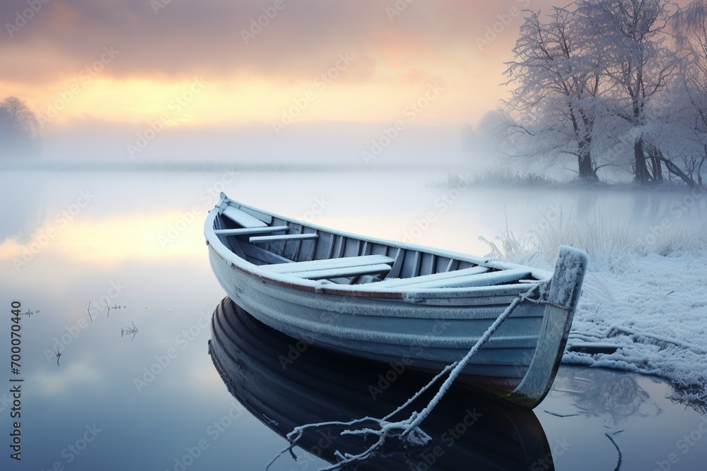 Wall mural boat on the lake at sunset in winter - Wall murals