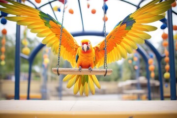 sun conure flapping wings on a swing in aviary - obrazy, fototapety, plakaty
