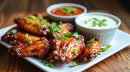 Shot of chicken wings with green onions and dipping sauce. Generative AI. - obrazy, fototapety, plakaty
