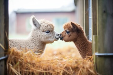 Fototapeta premium two alpacas touching noses near barn