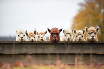 alpacas aligned along a barns wooden fence - obrazy, fototapety, plakaty