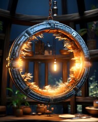 3d illustration of a round mirror in the interior of a cafe