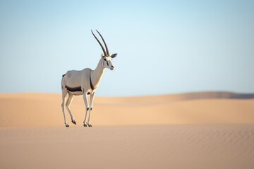 arabian oryx standing alone on a sand dune