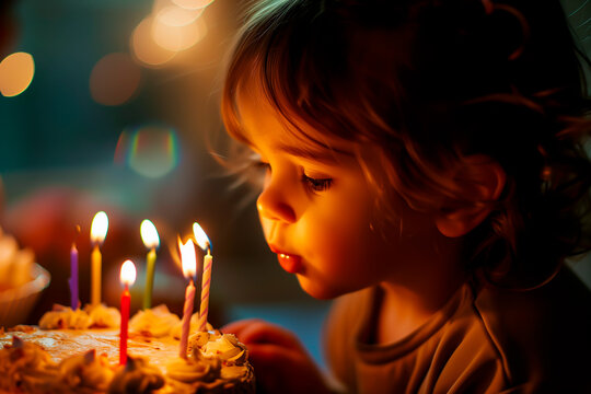 Small child blowing candles on a birthday cake. Concept of childhood memories and happy birthday celebrations. Shallow field of view.