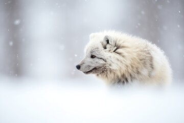 Naklejka premium profile of arctic fox trekking in blizzard