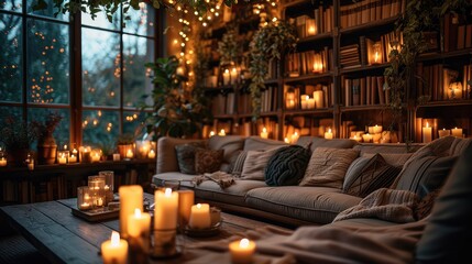 Fototapeta premium Light in the room with candles decorating a couch and bookshelves. Generative AI.
