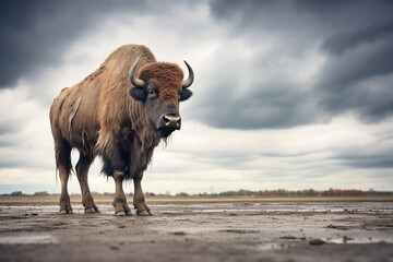large bison standing alone against a stormy sky