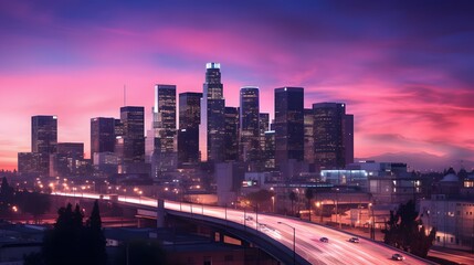Panoramic view of downtown Los Angeles at dusk, California.