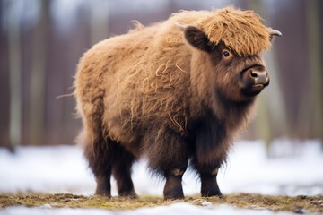 fluffy bison in spring with shedding winter coat