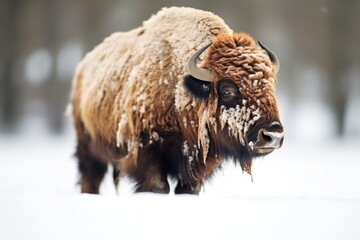 winter scene of bison with snow-covered fur