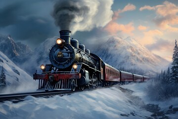 vintage steam train in the ice cold mountains - obrazy, fototapety, plakaty
