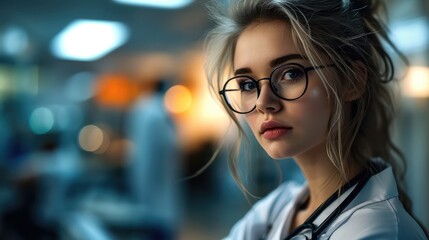 A beautiful nurse wearing glasses at hospital. Generative AI.