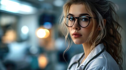 A beautiful nurse wearing glasses at hospital. Generative AI.