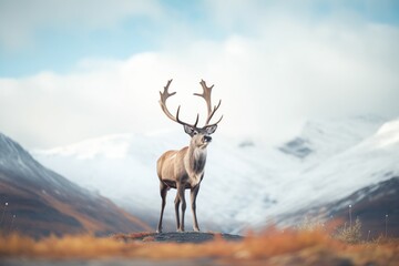 caribou standing against a backdrop of mountains