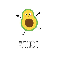 Cute smiling hand drawn avocado character. Learning vegetable flashcard with it name for kids. Vector.