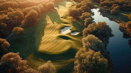 Golf course, Aerial high view. Generative AI. - obrazy, fototapety, plakaty