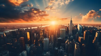 New York City panorama with skyscrapers at sunset, USA