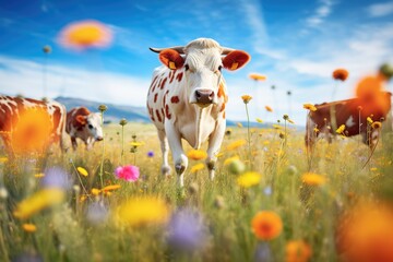 vibrant wildflowers surrounding grazing dairy cows - obrazy, fototapety, plakaty