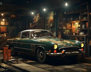 3D rendering of a classic american car in a garage.