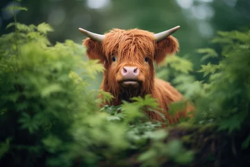 Poster de jardin Highlander écossais fluffy highland cow amidst greenery