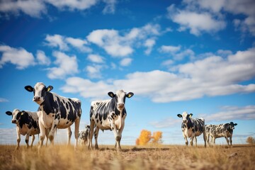 herd of black and white cows under blue sky