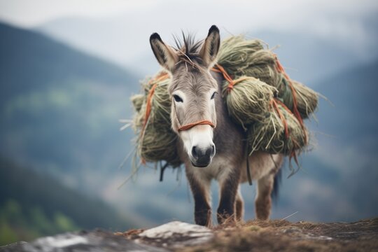 donkey with wool bundles in a mountain area