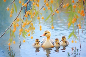 mother duck and ducklings under weeping willow - obrazy, fototapety, plakaty