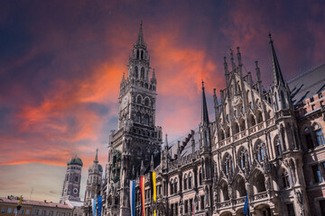 Munich Frauenkirche with town hall in the sunset
