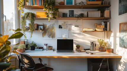Shot of home office with a clean desk, Laptop and wall-mounted shelves. Generative AI. - obrazy, fototapety, plakaty