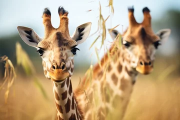 Foto auf Acrylglas Antireflex close shot of giraffes face while grazing © Natalia