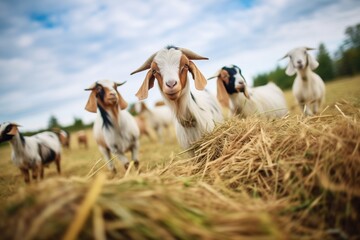 herd of goats scattering on hay bales at farm - obrazy, fototapety, plakaty
