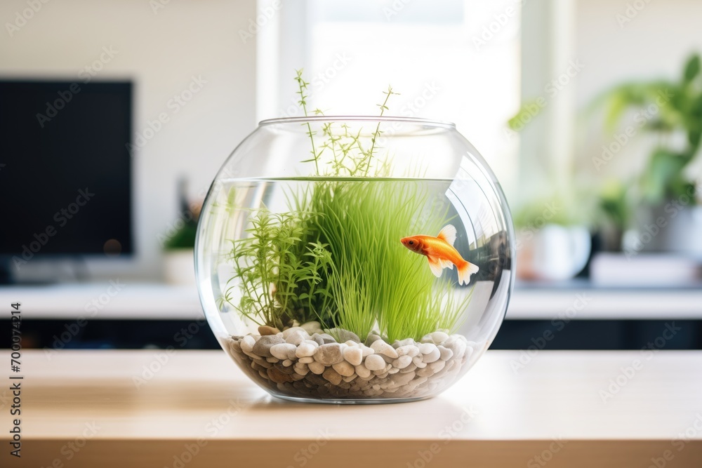 Wall mural goldfish bowl with green aquatic plants inside