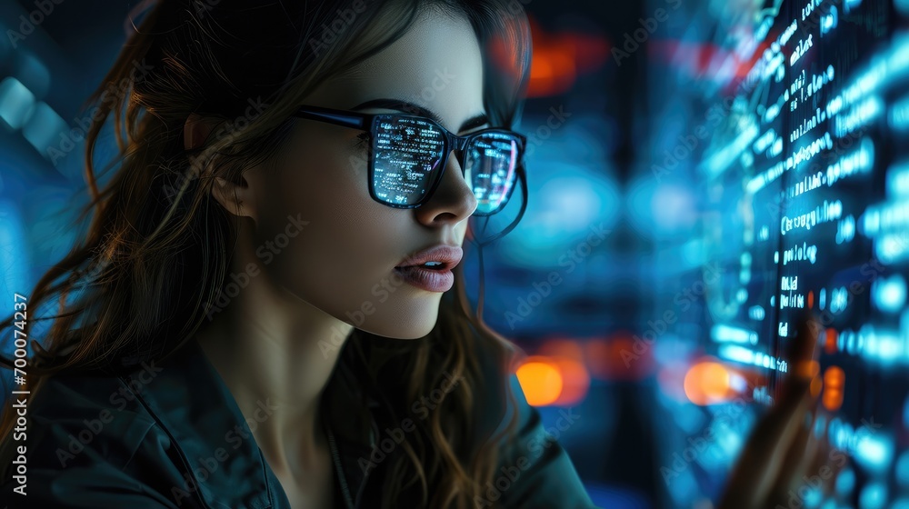 Poster Data hologram and woman with code analytics, Programmer coding or IT person in glasses reading programming and cyber security research. Generative AI.