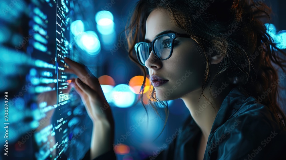 Aufkleber Data hologram and woman with code analytics, Programmer coding or IT person in glasses reading programming and cyber security research. Generative AI.